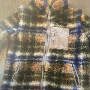 Kids Plush Plaid Sherpa Jacket - Olive, Blue & Orange